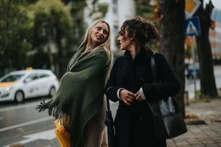 Two women smiling while walking outdoors on a street in a cozy neighborhoodの写真素材