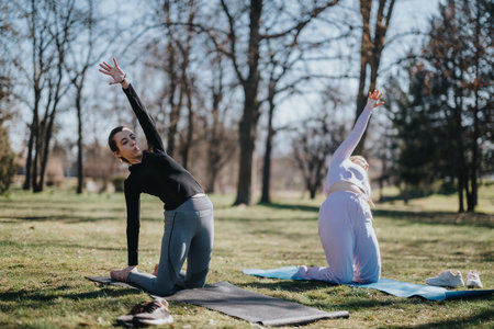 Two women practicing yoga outdoors in a park on a sunny day with trees in the backgroundの写真素材