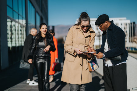 Young professionals collaborating outdoors on a sunny day with technologyの写真素材