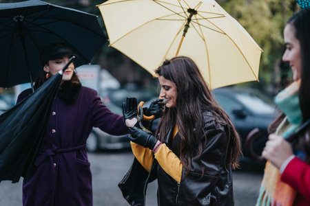 Women enjoying a rainy day together with colorful umbrellas in the cityの写真素材