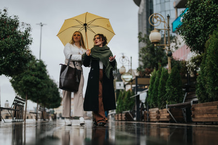 Two friends walking with yellow umbrella on a rainy day in the city
