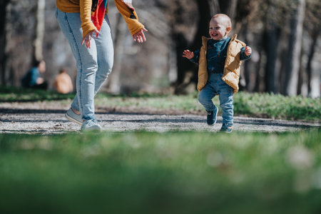 A joyful child taking first steps with encouragement outdoors in a sunny parkの写真素材