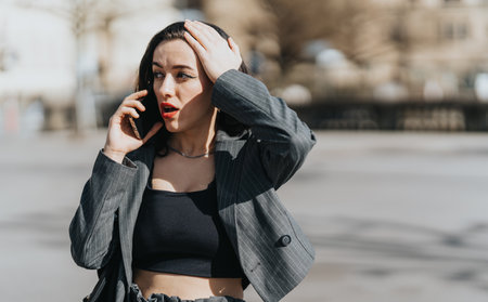 Worried woman answers call on street wearing formal suit in sunlightの写真素材