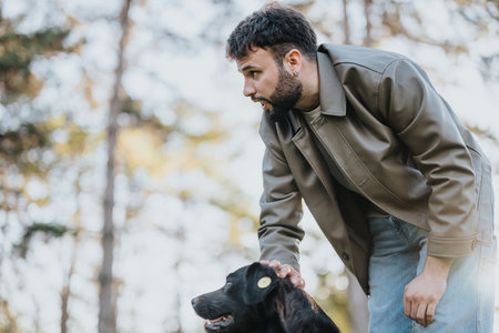 Man wearing leather jacket petting a dog in a sunny forest settingの写真素材