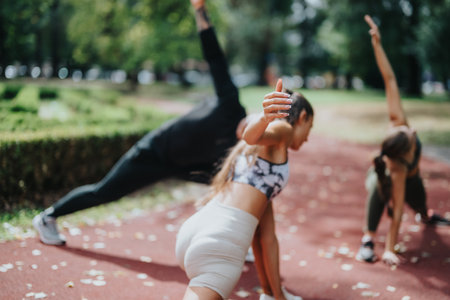Group of Friends Exercising Outdoors in a Park Performing Stretching and Yoga Poses
