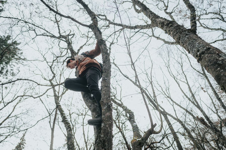 Man climbing a forest tree during a fun winter outing in natureの写真素材