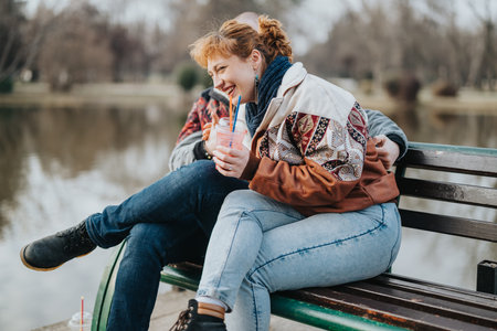 Happy couple enjoying a relaxing day outdoors on a park benchの写真素材