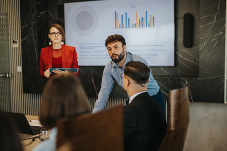 Business team meeting with presentation and discussionの写真素材