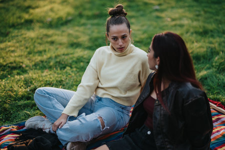 Two young women having an intense conversation while sitting outdoors on the grassの写真素材
