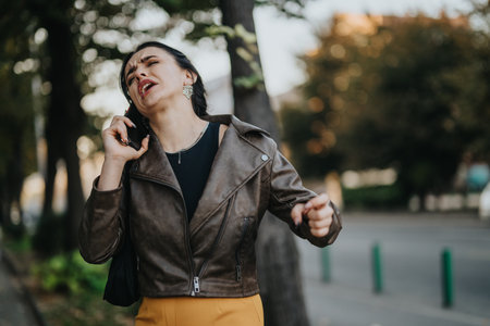 Frustrated woman talking animatedly on cellphone outdoors in a casual urban settingの写真素材