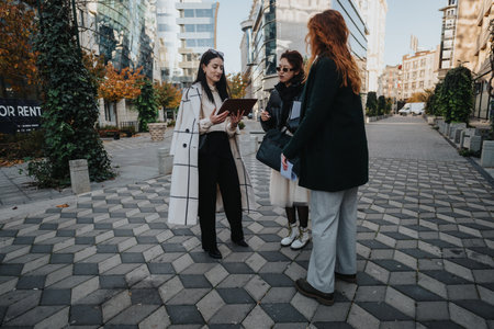 Group of women conversing outdoors on a modern city streetの写真素材