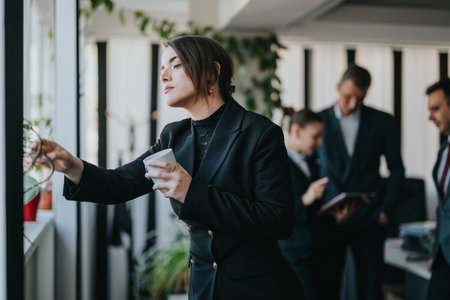 Business colleagues collaboratively working in a lively modern office environmentの写真素材