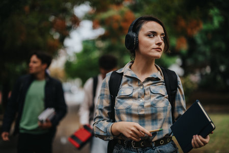 Confident student walking outdoors with headphones and notebookの写真素材