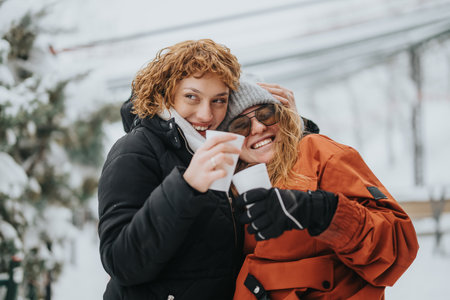 Two friends enjoying warm drinks outdoors in a snowy winter landscapeの写真素材