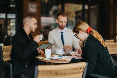 Business colleagues brainstorming ideas together at an outdoor coffee shopの写真素材