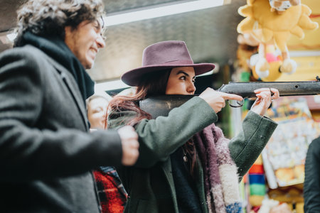 Group of friends enjoying a fun fair game with focus on sportsmanshipの写真素材
