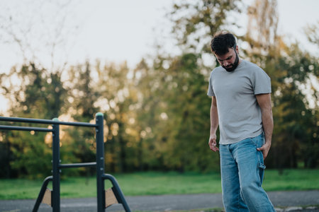 Man walking thoughtfully in a peaceful park setting during daytime