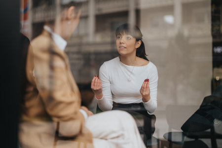 Two professionals engaging in a conversation at a modern business locationの写真素材