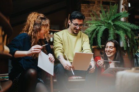 Friends enjoying a creative art session with painting and drawing activitiesの写真素材