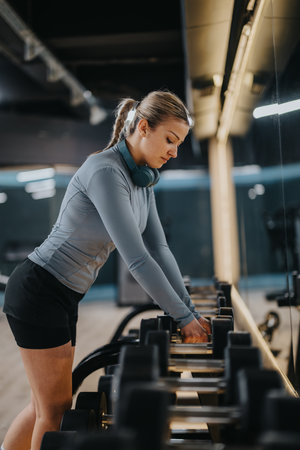Woman Working Out in a Modern Gym Selecting Dumbbells From the Rackの写真素材