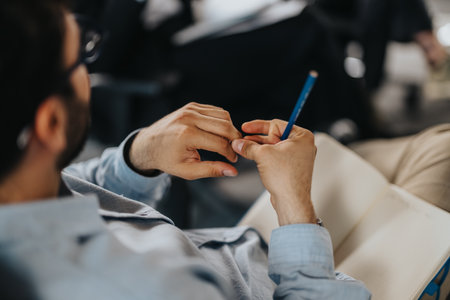 Business person in casual meeting setting with notebook and penの写真素材