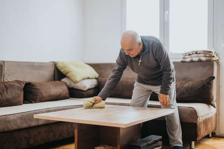 Senior man cleaning a living room coffee table with a cloth, focusing on tidiness, in a cozy and well-lit home environment.の写真素材
