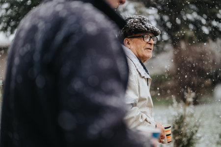 Elderly man in snowy weather holding a striped mug and reflecting outdoorsの写真素材