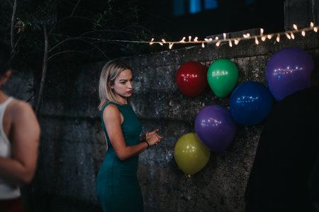 Woman in a green dress at outdoor birthday celebration with balloonsの写真素材