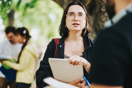 Students engaged in an outdoor consultation with professor in park settingの写真素材