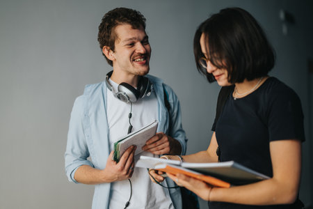 Young students discussing studies and exchanging ideas outdoorsの写真素材
