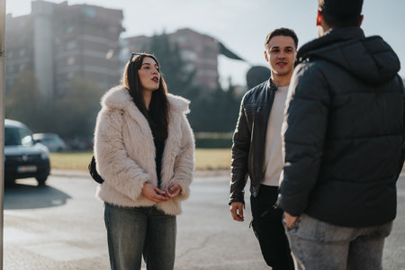 Group of friends socializing outdoors on a sunny dayの写真素材