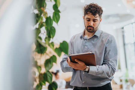 Man focused on using a digital tablet in a bright office space with natural plantsの写真素材