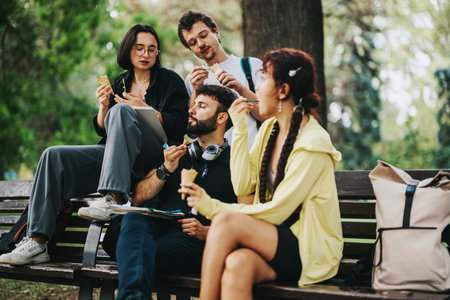 Group of students enjoying ice cream break with professor in parkの写真素材