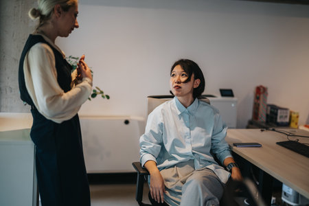 Business associates discussing a project in a modern office setting with a casual and professional atmosphere.の写真素材