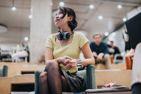 Young professional woman wearing headphones in a modern co working space, engaging in creative and collaborative activities with colleagues around.の写真素材