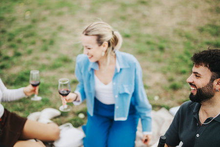 Multiracial friends enjoying a relaxed picnic with wine outdoorsの写真素材