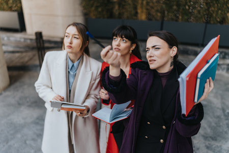 Three professional businesswomen discussing plans outdoors, gesturing confidentlyの写真素材