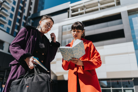 Two professionals engaged in collaboration outdoors in a modern urban setting.の写真素材