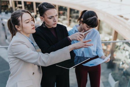 Three female professionals discussing documents and data on an outdoor balconyの写真素材