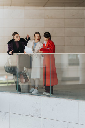 Three female entrepreneurs discussing business documents on a glass balconyの写真素材