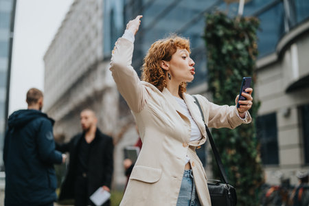 Focused woman passionately speaking into a smart phone outdoorsの写真素材