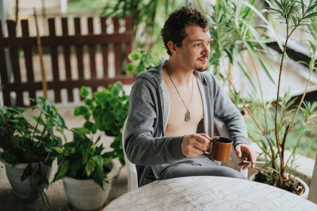 Young man enjoying morning coffee on outdoor patio surrounded by plantsの写真素材