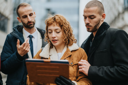 Three colleagues discussing over a clipboard outdoors in a professional settingの写真素材