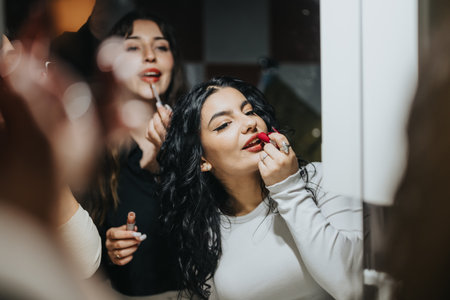 Two friends applying makeup in playful preparation for a fun evening.の写真素材