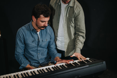 Music Teaching Scene with Keyboard and Two Men in a Lesson Interactionの写真素材