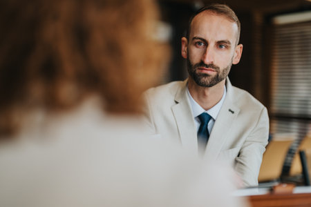 Business professional attentively listening during a formal discussion in an elegant settingの写真素材