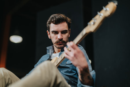 Male musician playing guitar at a studio rehearsing music in focused atmosphereの写真素材