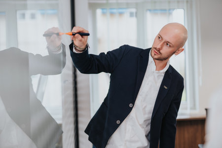 Business professional presenting ideas on glass board in a modern office setting.の写真素材