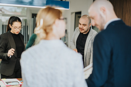 Professional colleagues engaged in a vibrant discussion while collaborating during a business meetingの写真素材
