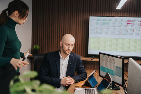 Team collaboration during a business meeting in an office workspaceの写真素材